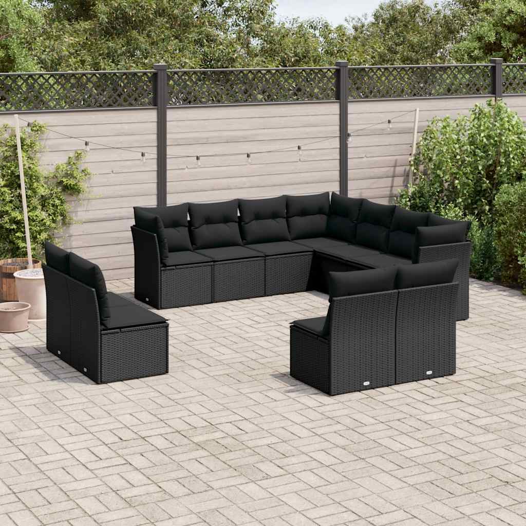 11 Pcs conjunto sofás de jardim c/ almofadões vime PE preto