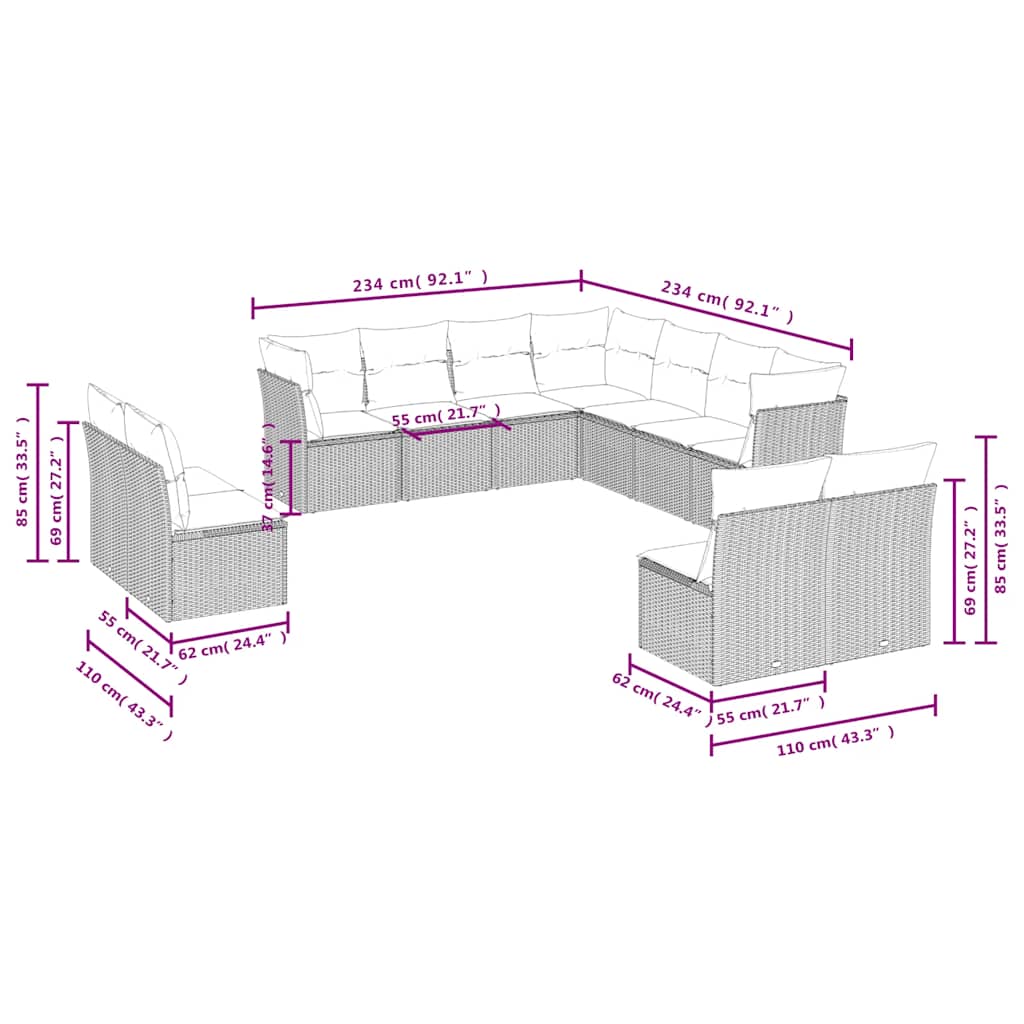 11 Pcs conjunto sofás de jardim c/ almofadões vime PE preto