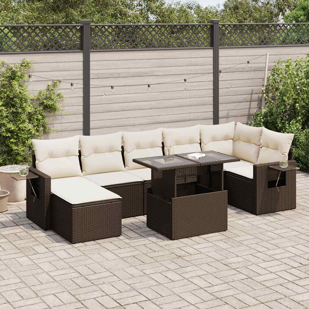8 Pcs conjunto sofás de jardim c/ almofadões vime PE castanho