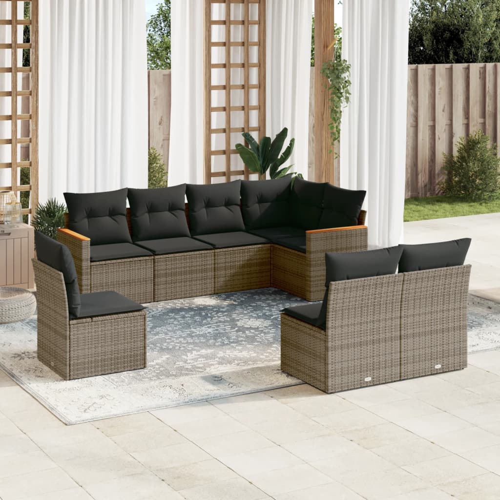 8 Pcs conjunto sofás de jardim c/ almofadões vime PE cinzento