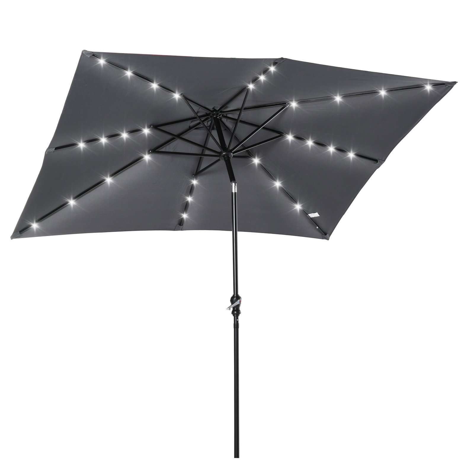 Chapéu de sol com luzes LED 268x205x248 cm chapéu de sol de jardim inclinável até 45° e abertura a manivela cinza escuro