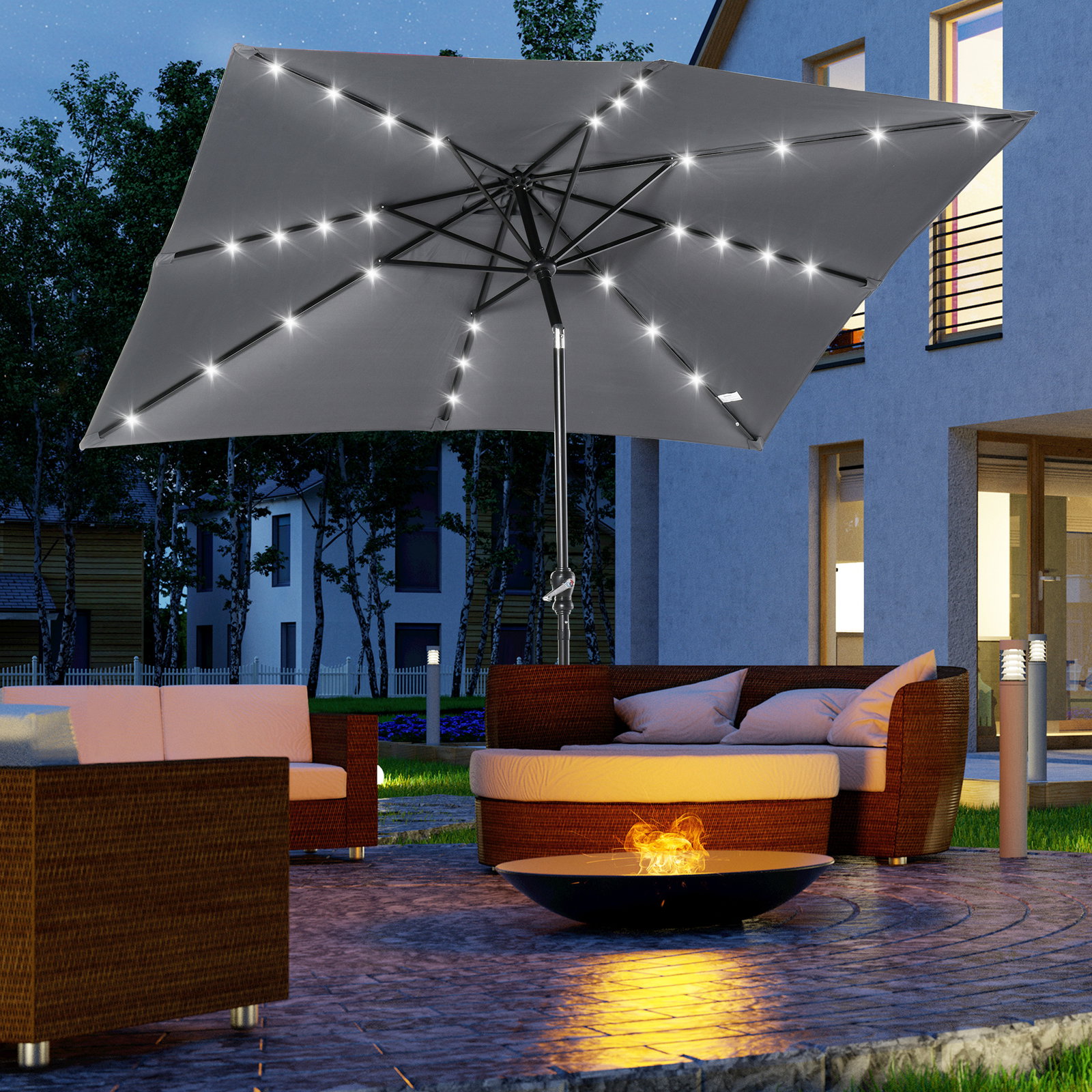 Chapéu de sol com luzes LED 268x205x248 cm chapéu de sol de jardim inclinável até 45° e abertura a manivela cinza escuro