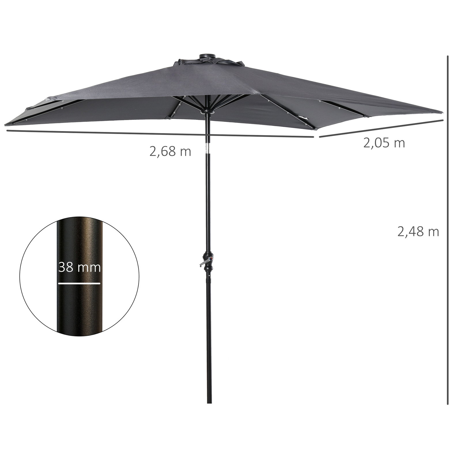 Chapéu de sol com luzes LED 268x205x248 cm chapéu de sol de jardim inclinável até 45° e abertura a manivela cinza escuro