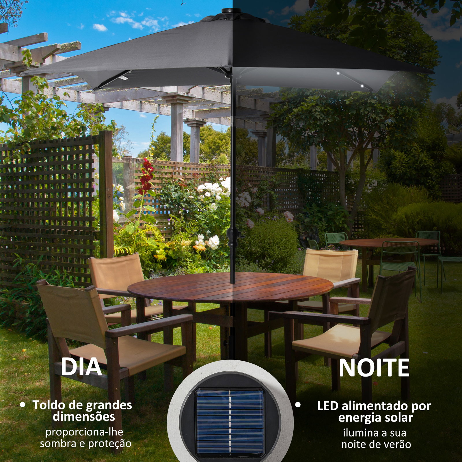 Chapéu de sol com luzes LED 268x205x248 cm chapéu de sol de jardim inclinável até 45° e abertura a manivela cinza escuro