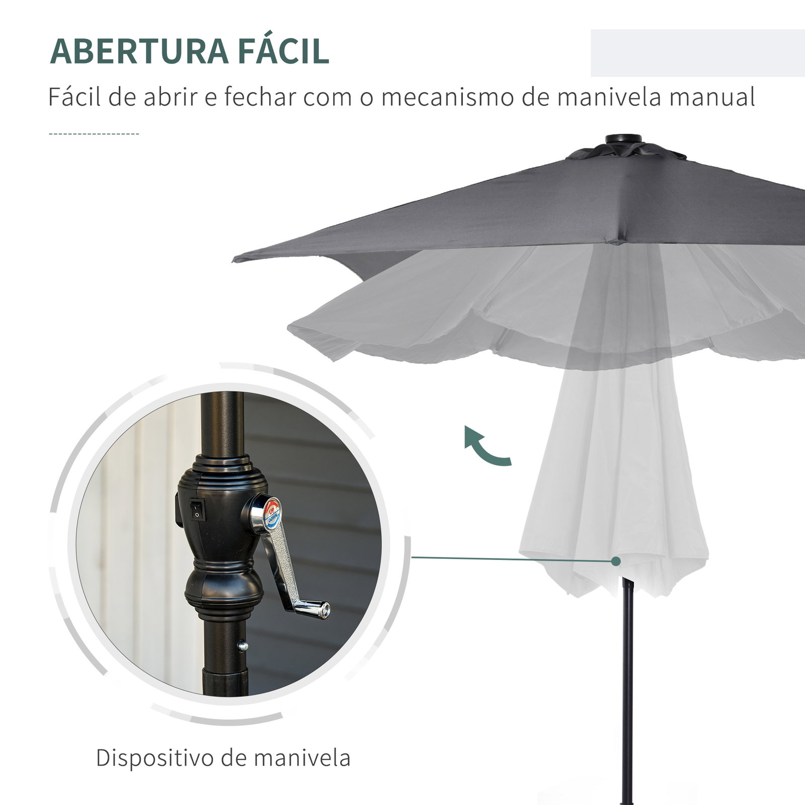 Chapéu de sol com luzes LED 268x205x248 cm chapéu de sol de jardim inclinável até 45° e abertura a manivela cinza escuro