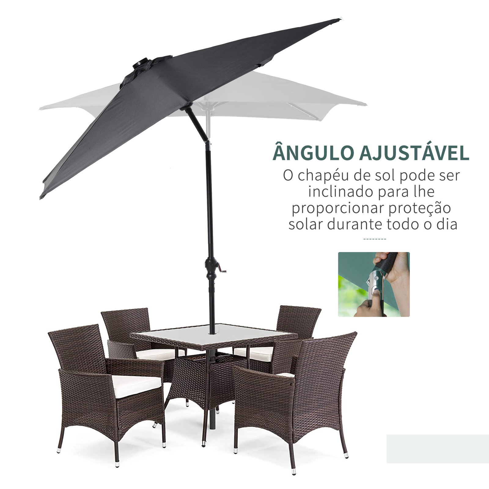 Chapéu de sol com luzes LED 268x205x248 cm chapéu de sol de jardim inclinável até 45° e abertura a manivela cinza escuro