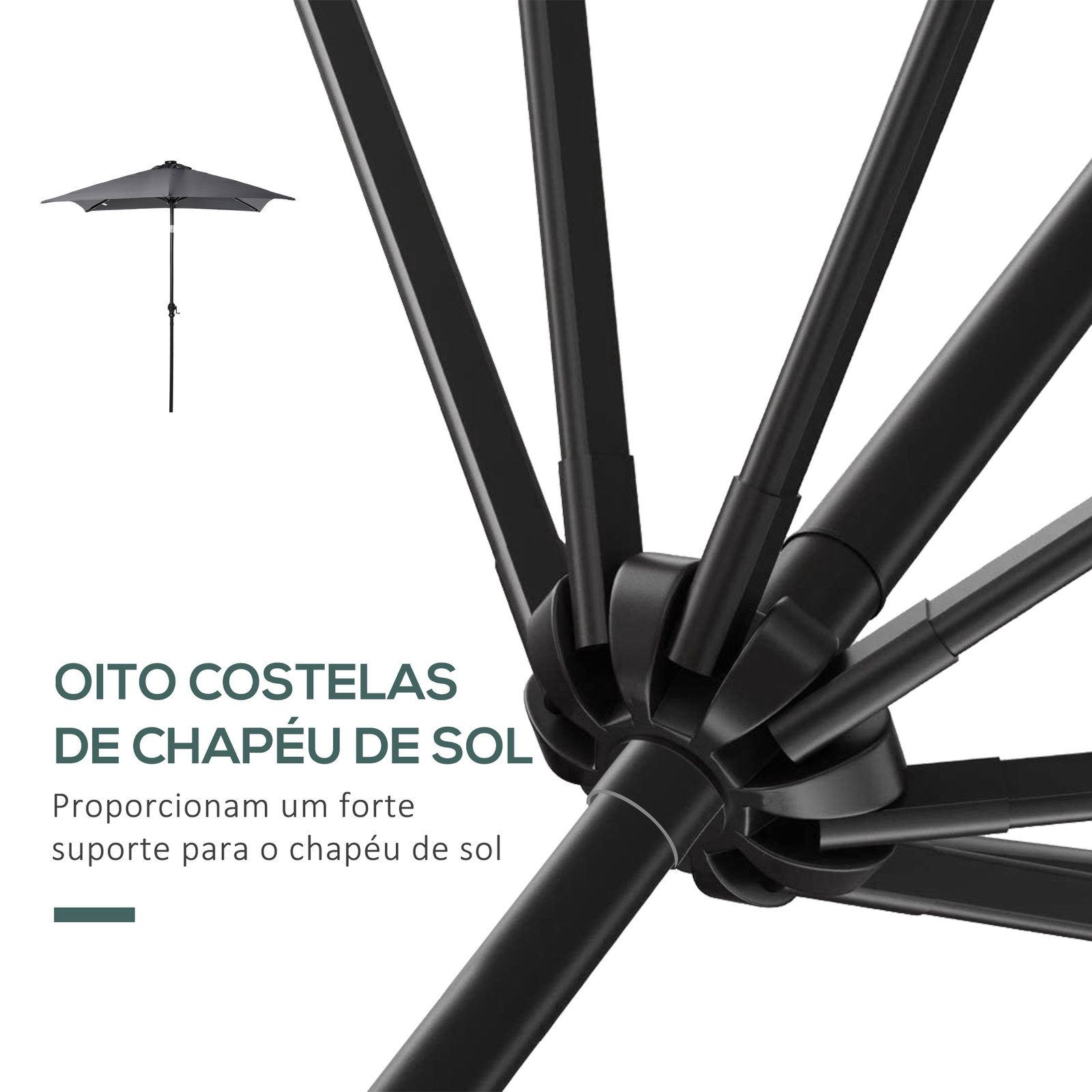 Chapéu de sol com luzes LED 268x205x248 cm chapéu de sol de jardim inclinável até 45° e abertura a manivela cinza escuro