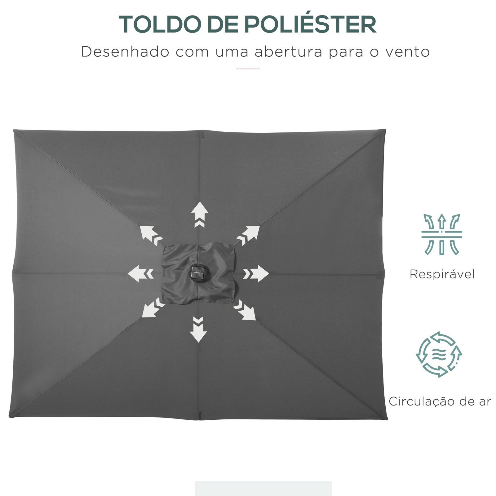 Chapéu de sol com luzes LED 268x205x248 cm chapéu de sol de jardim inclinável até 45° e abertura a manivela cinza escuro