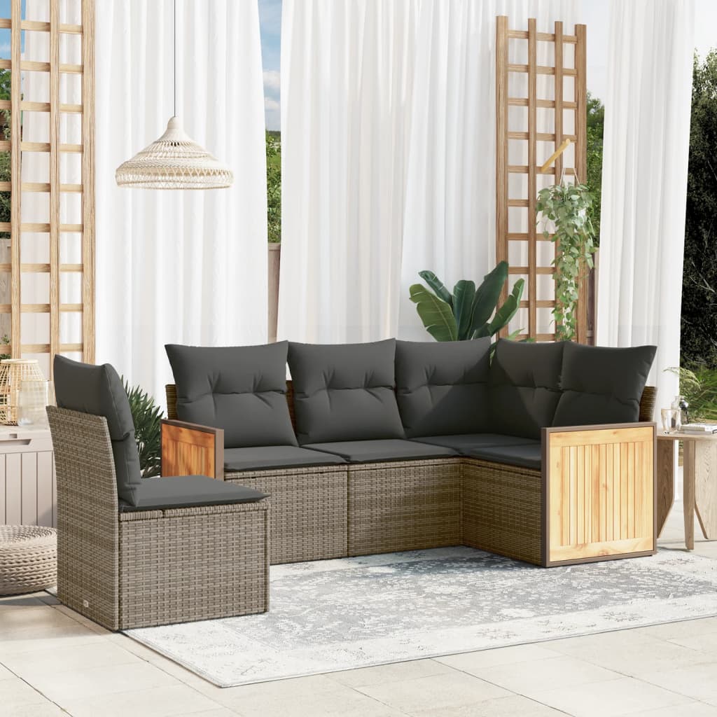 5 Pcs conjunto sofás de jardim c/ almofadões vime PE cinzento