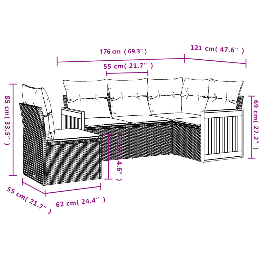 5 Pcs conjunto sofás de jardim c/ almofadões vime PE cinzento