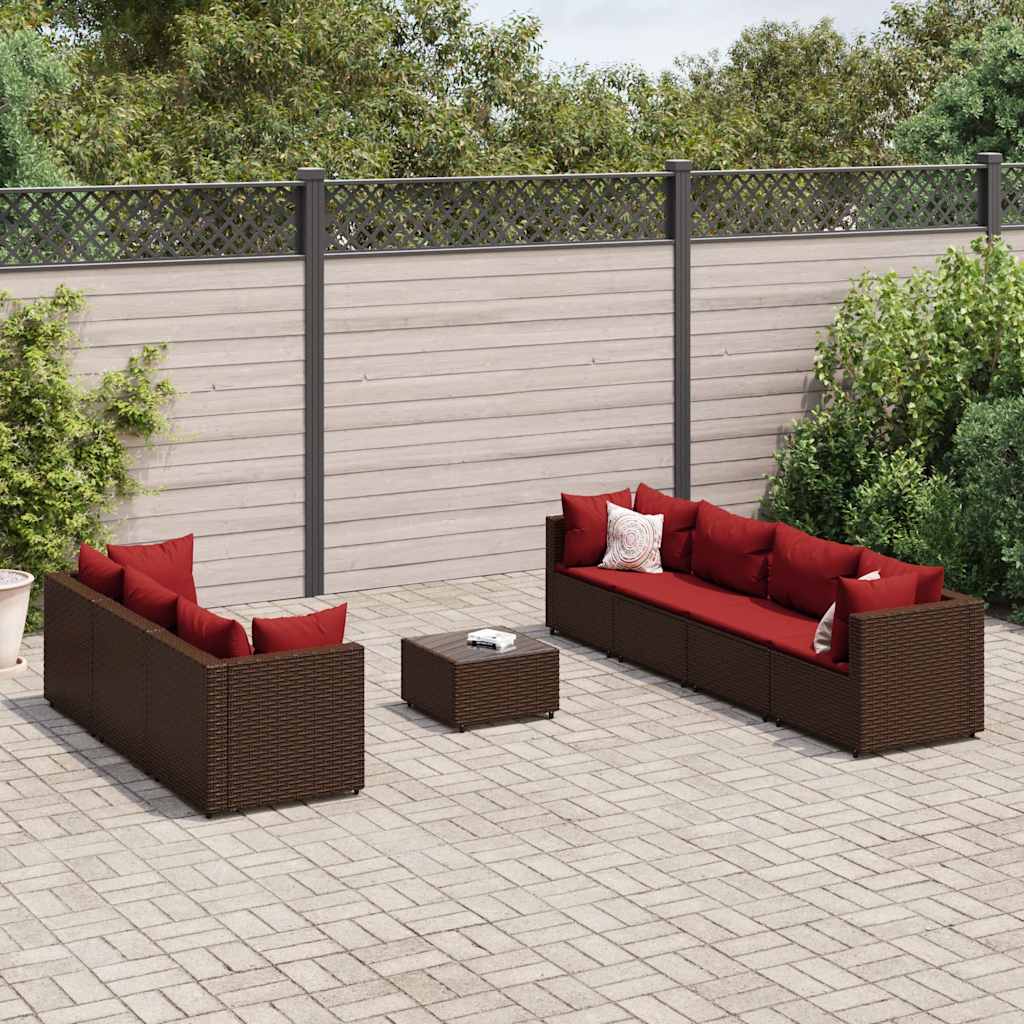 8 Pcs conjunto lounge jardim c/ almofadões vime PE castanho