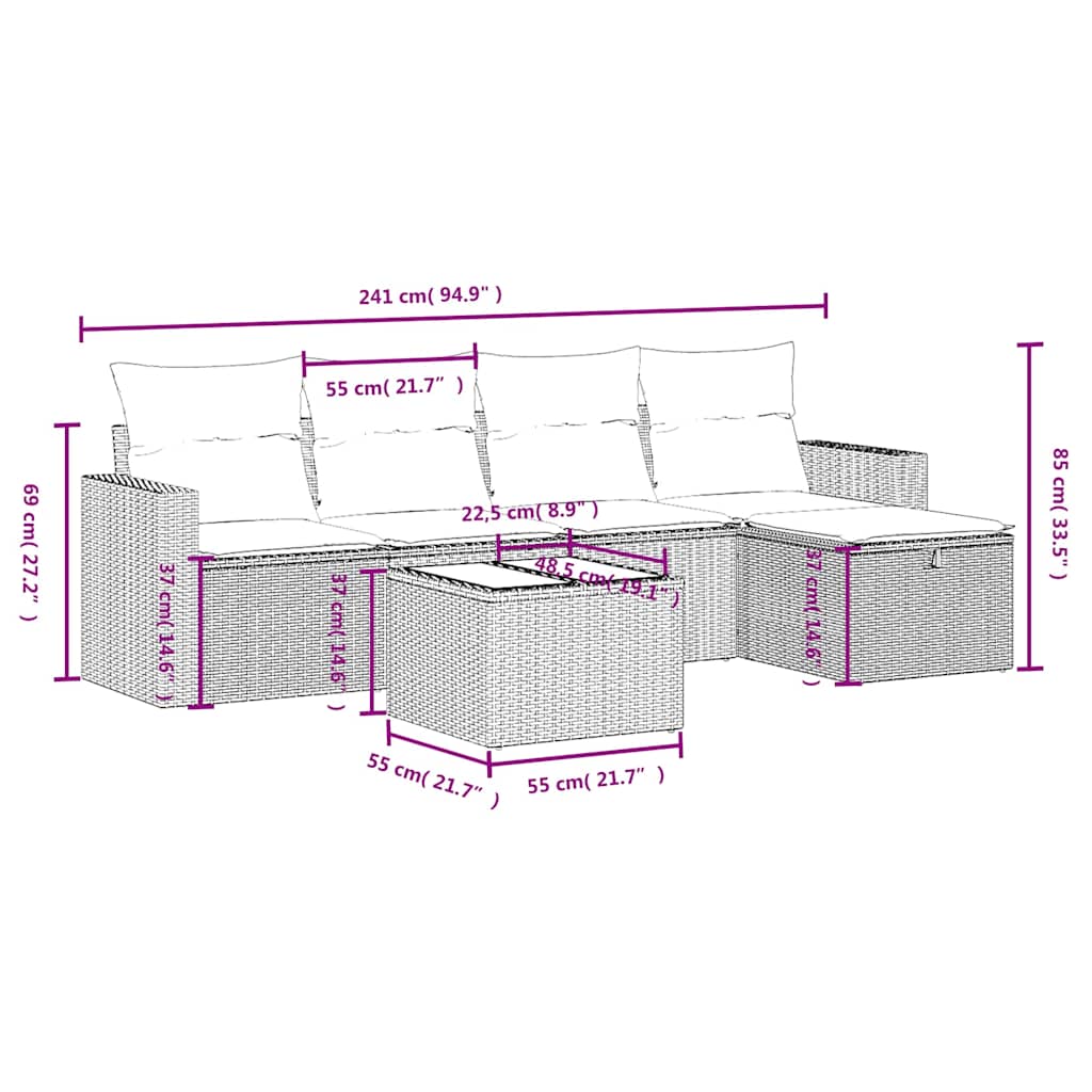 6 Pcs conjunto sofás de jardim c/ almofadões vime PE preto