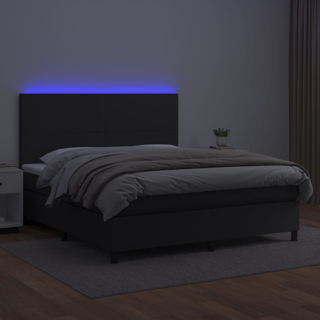 Cama box spring c/ colchão/LED 160x200cm couro artificial preto