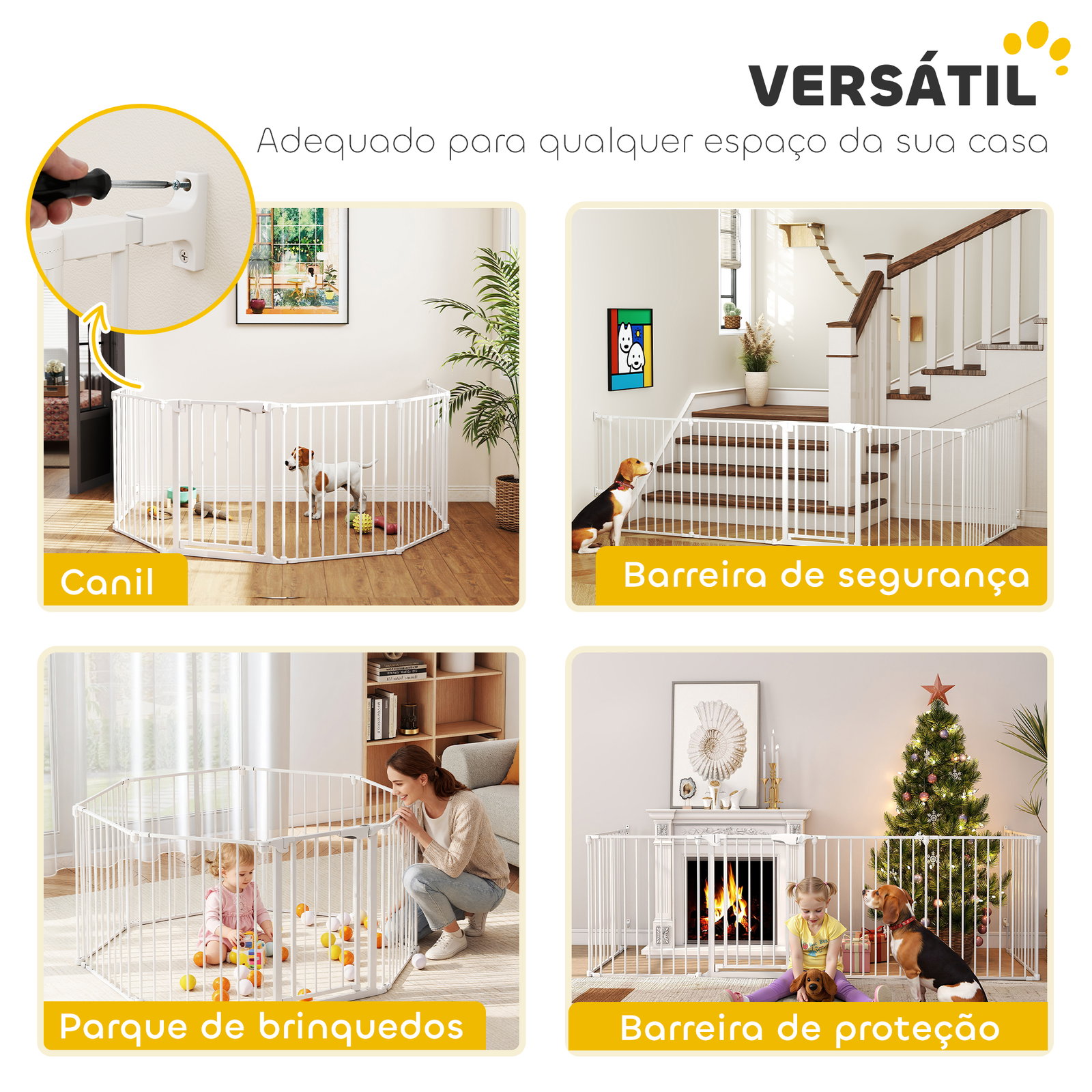 Parque para cães dobrável com 6 painéis porta com fecho duplo barreira de segurança para escada corredor branco