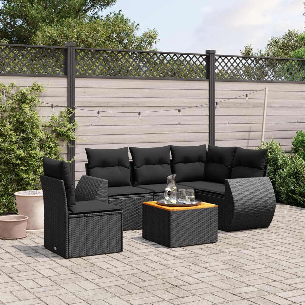 6 Pcs conjunto sofás de jardim c/ almofadões vime PE preto