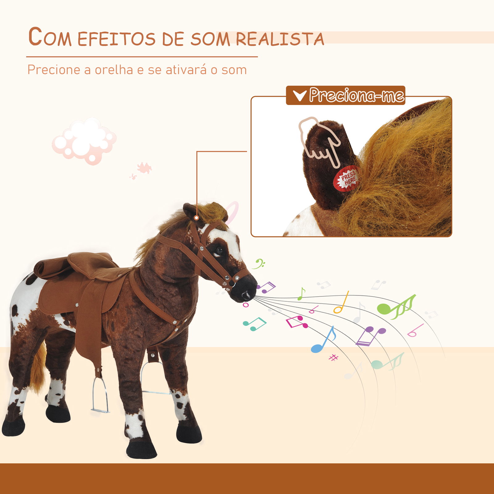 Cavalo de Brinquedo para Crianças acima de 3 Anos com Sons Realistas 85x28x60 cm Marrom