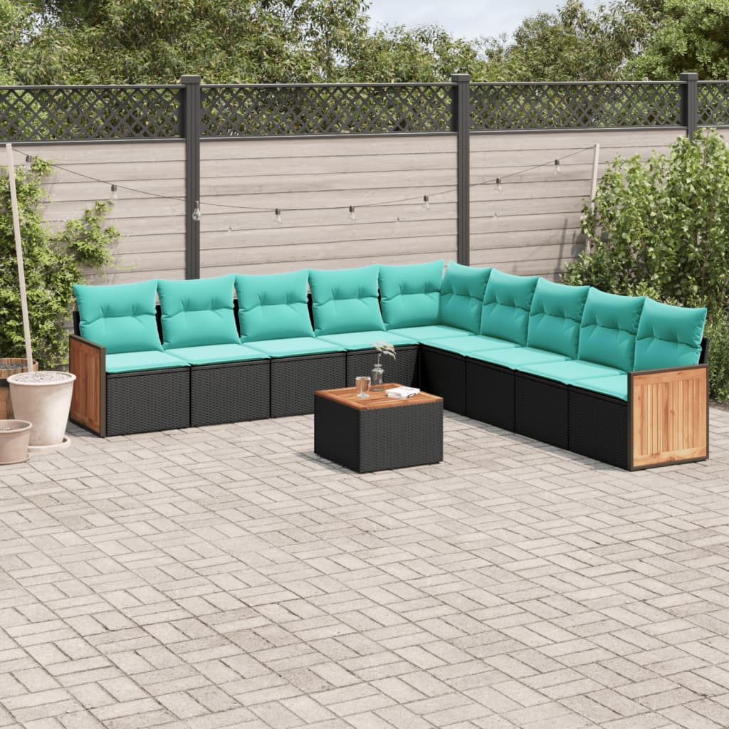 Conjunto de sofá de jardim com 10 peças e almofadas em rattan sintético preto