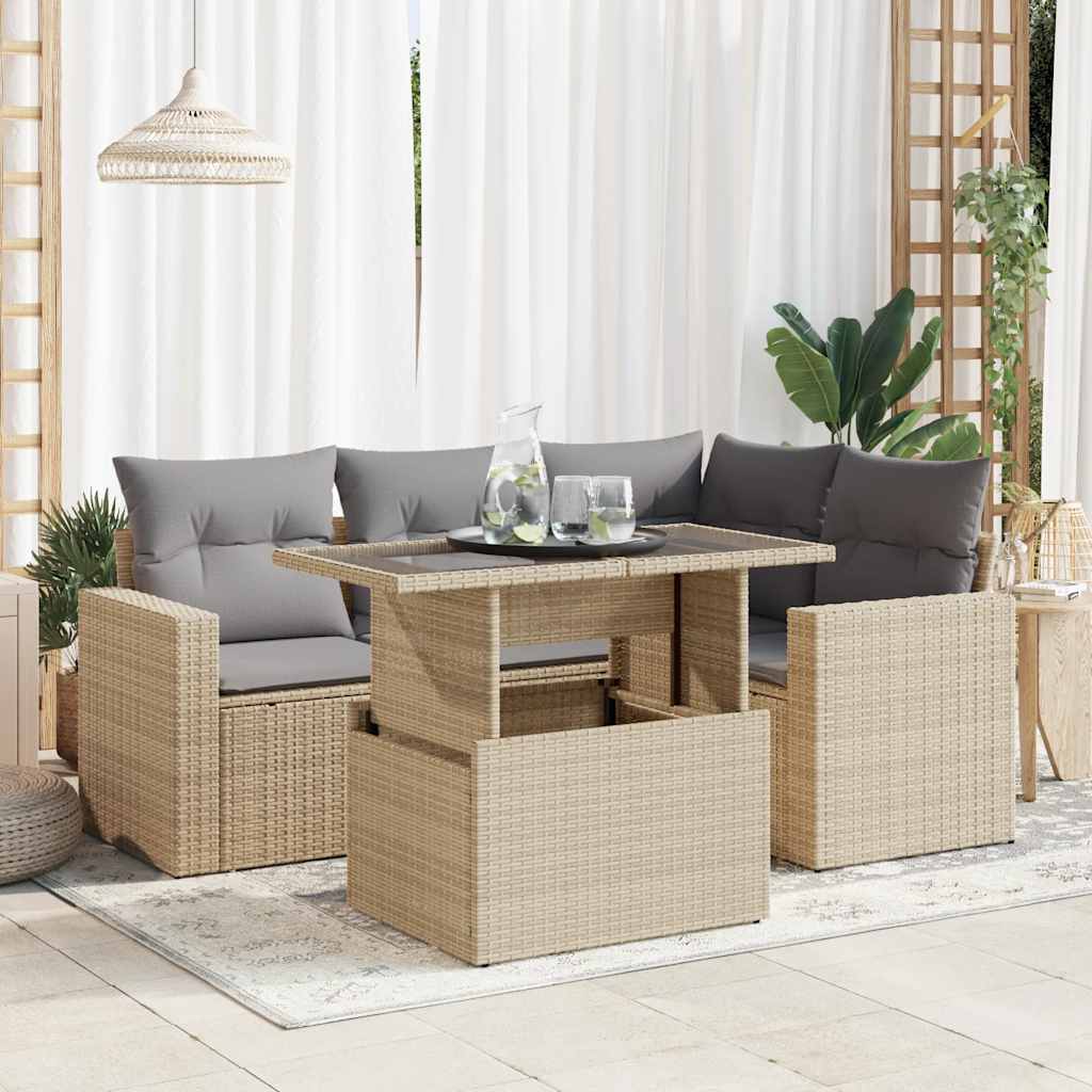 5 Pcs conjunto de sofás p/ jardim com almofadões vime PE bege