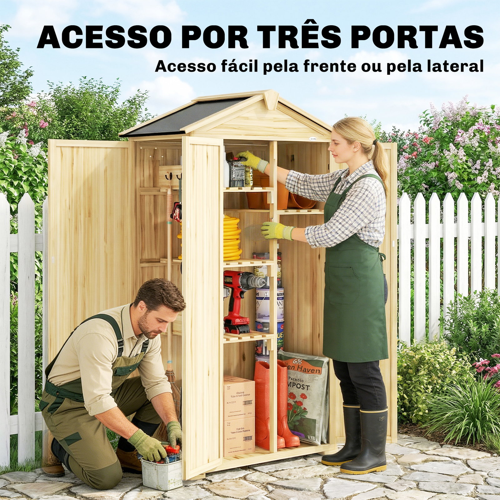 Armário de jardim em madeira 93x53x168 cm armário exterior para ferramentas com portas trancáveis 4 prateleiras madeira