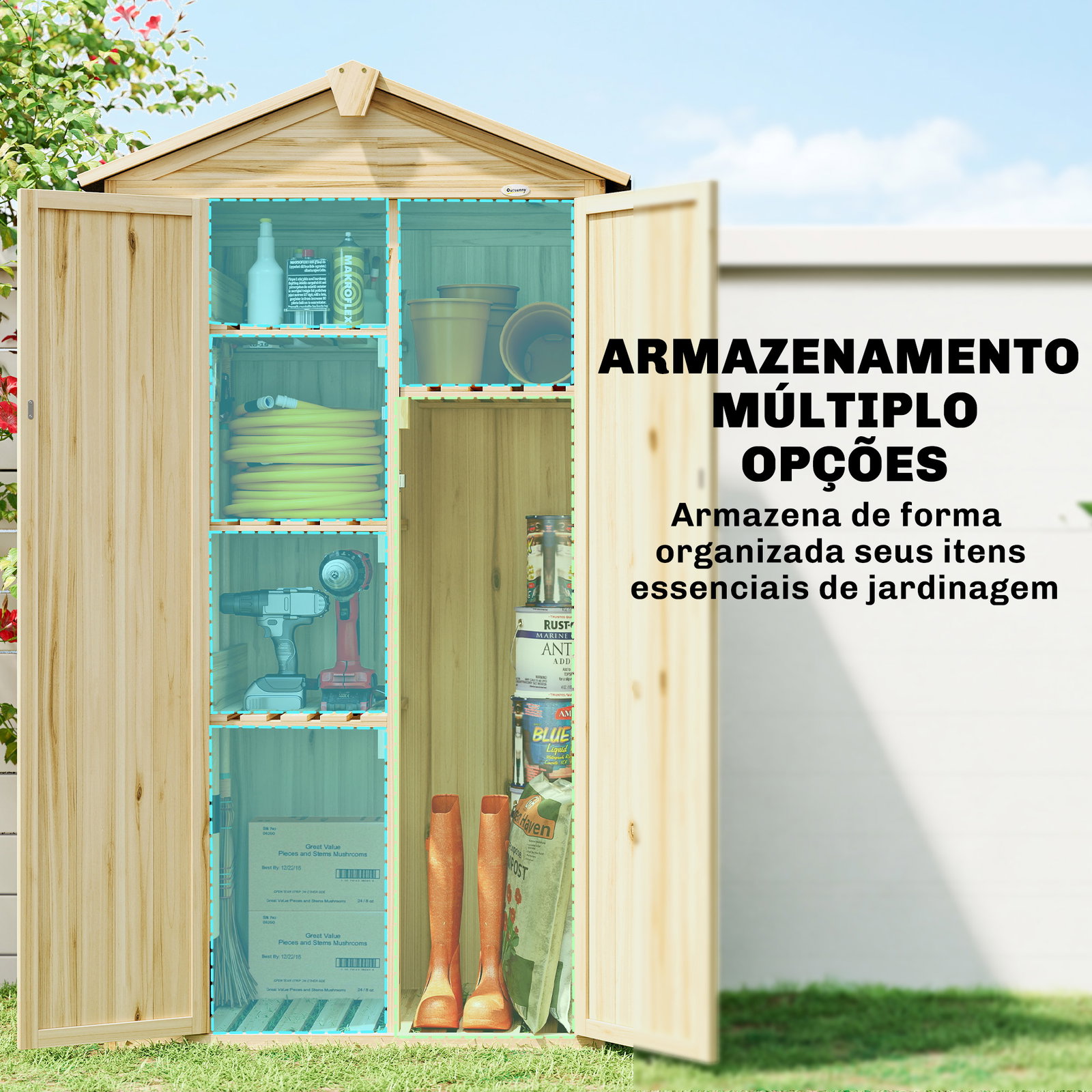 Armário de jardim em madeira 93x53x168 cm armário exterior para ferramentas com portas trancáveis 4 prateleiras madeira