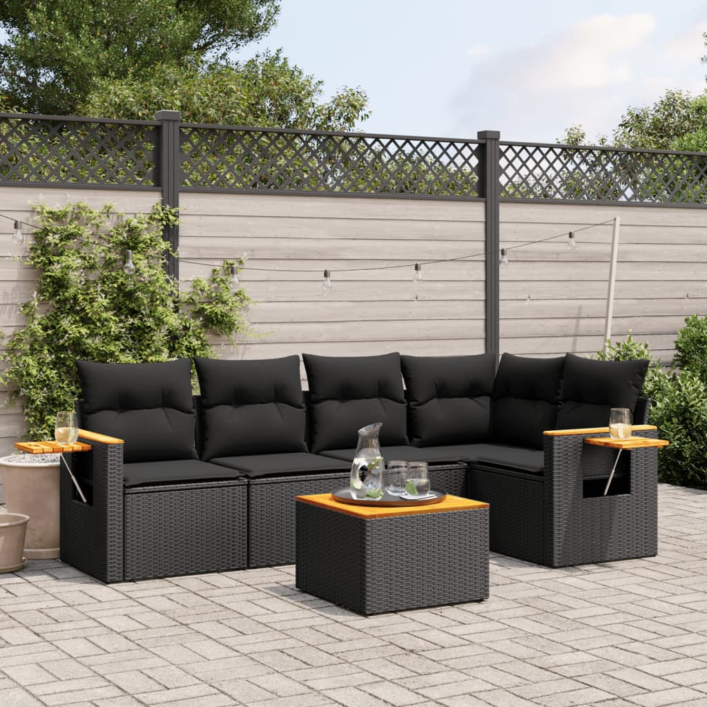 6 Pcs conjunto sofás de jardim c/ almofadões vime PE preto