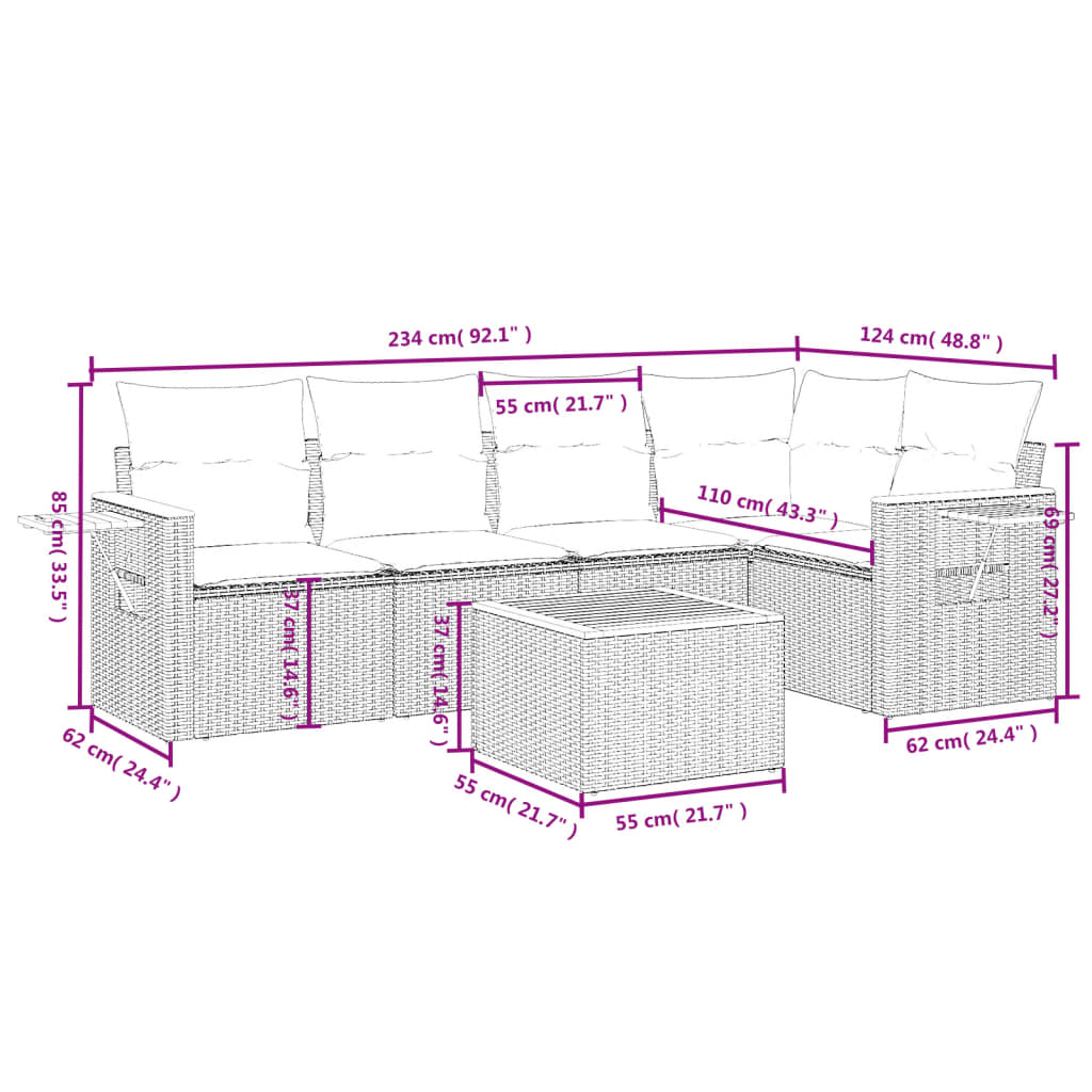 6 Pcs conjunto sofás de jardim c/ almofadões vime PE preto