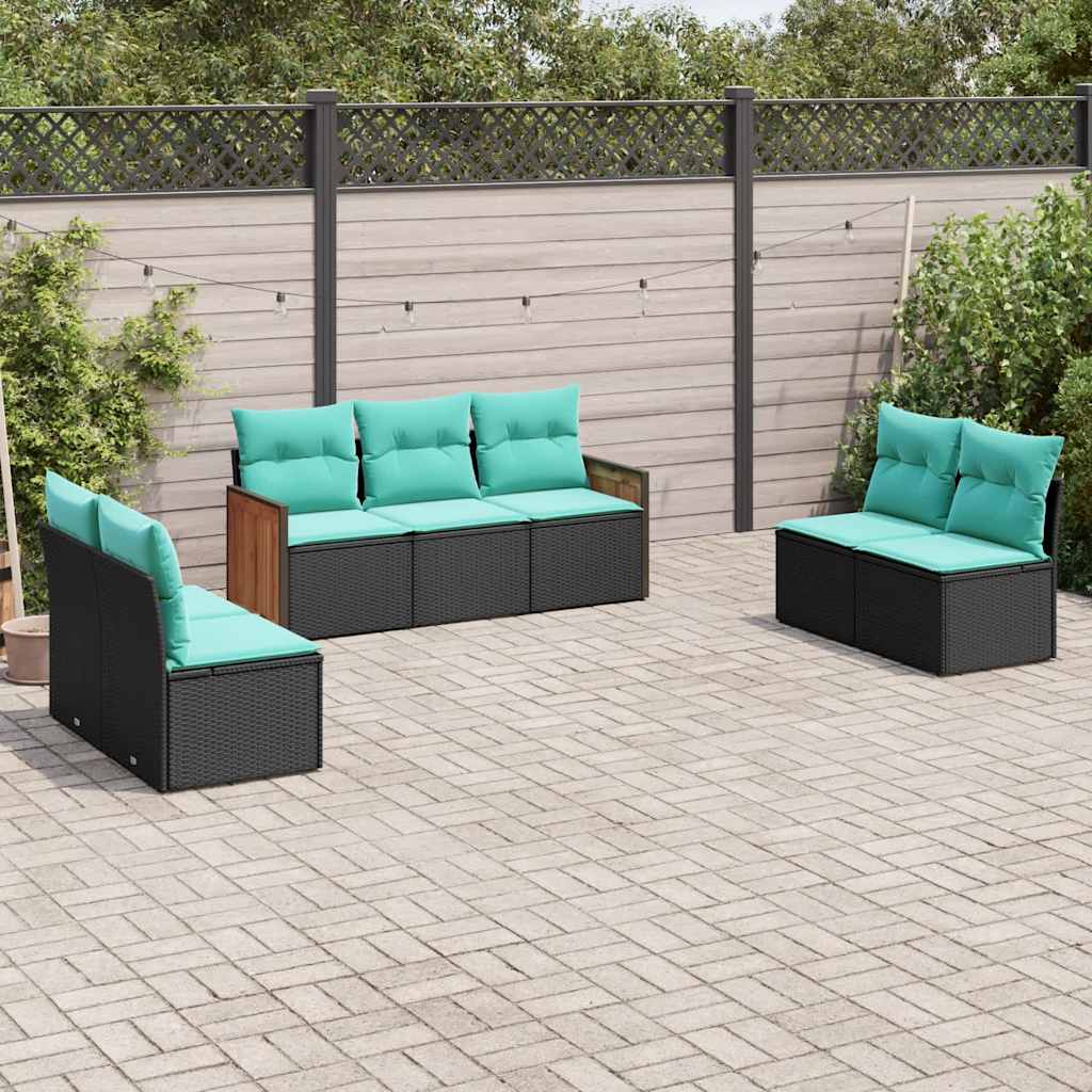 Conjunto de sofá de jardim com 7 peças e almofadas em rattan sintético preto