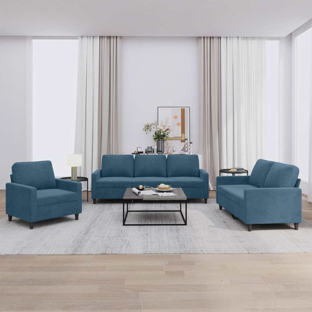 3 Pcs conjunto de sofás com almofadões veludo azul