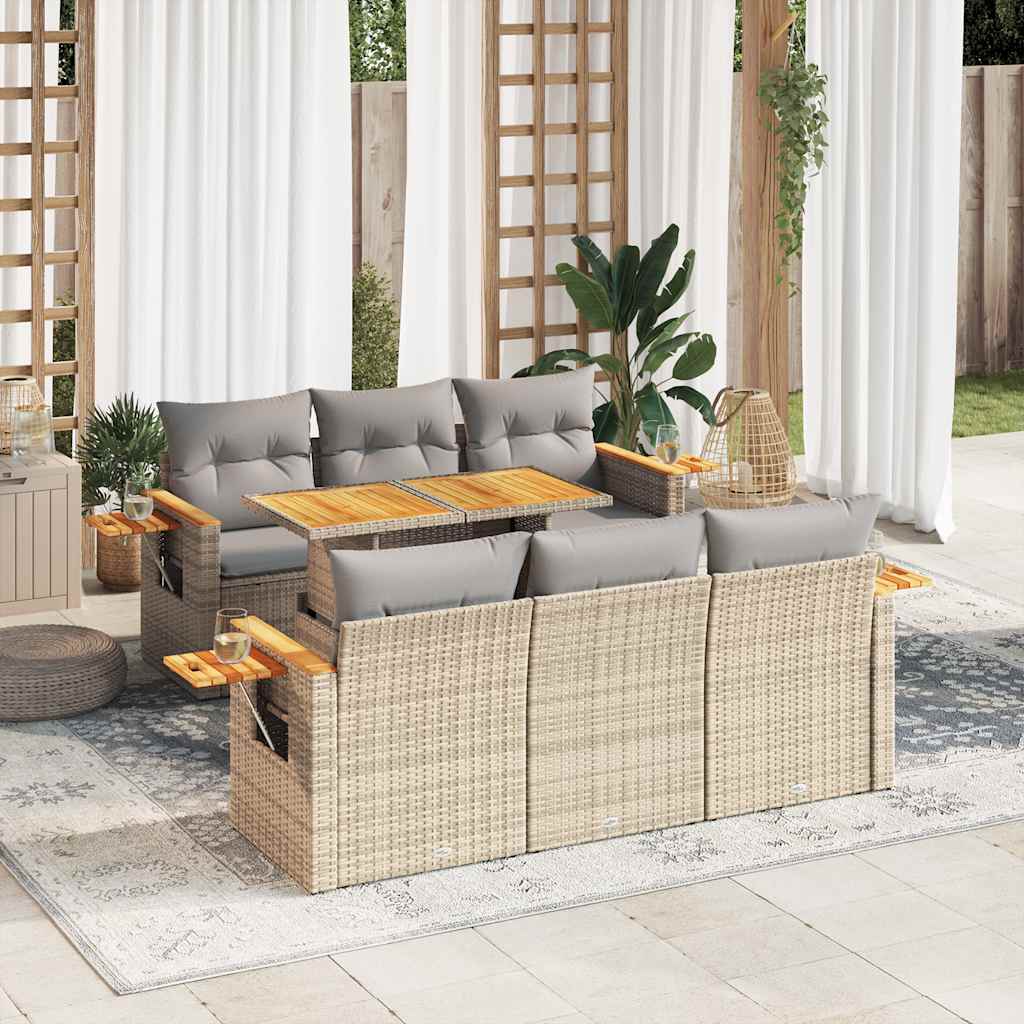 7 Pcs conjunto sofás jardim com almofadões vime PE/acácia bege