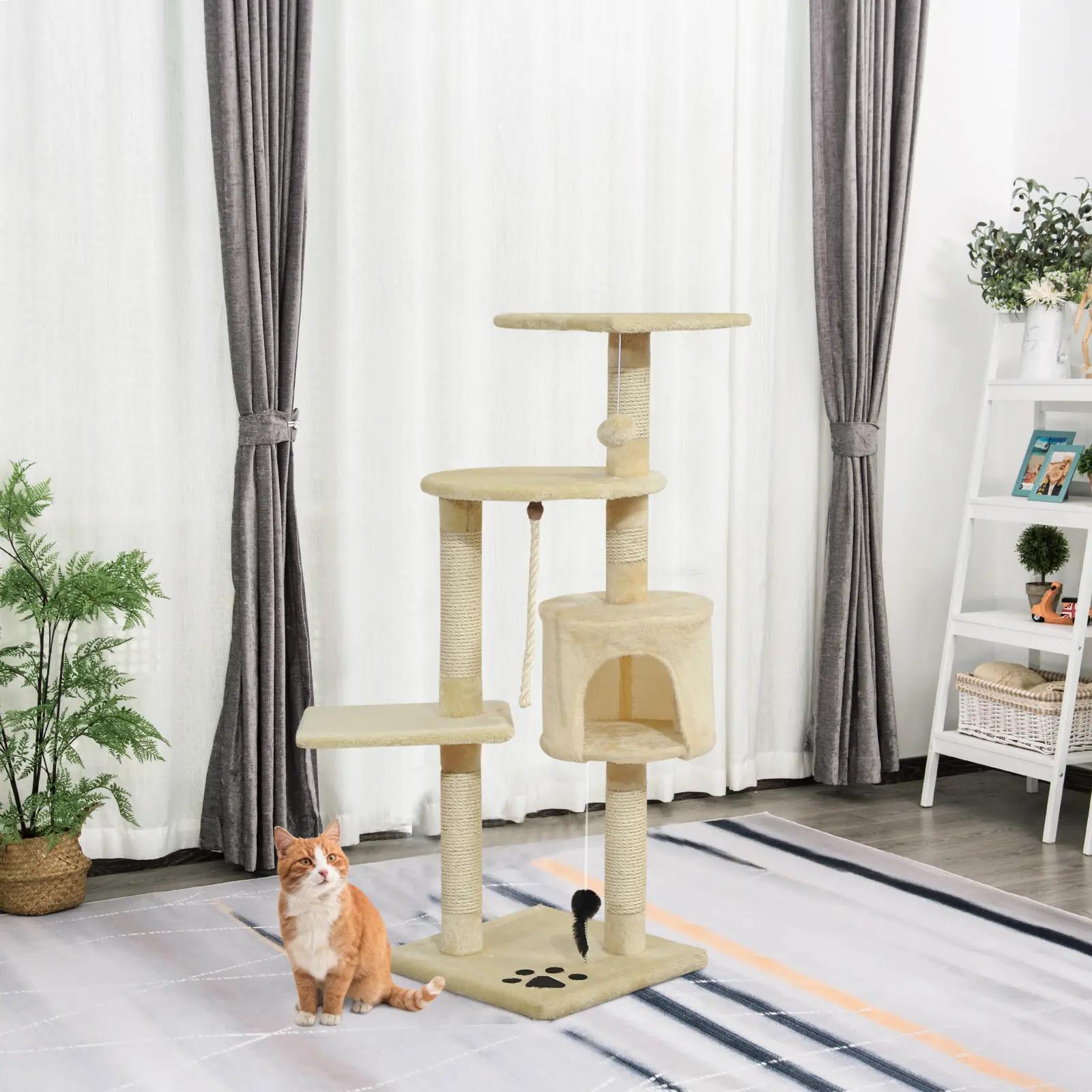 Árvore arranhador para gatos com 4 níveis poste de sisal caverna plataformas e brinquedos divertidos 75x40x112 cm bege