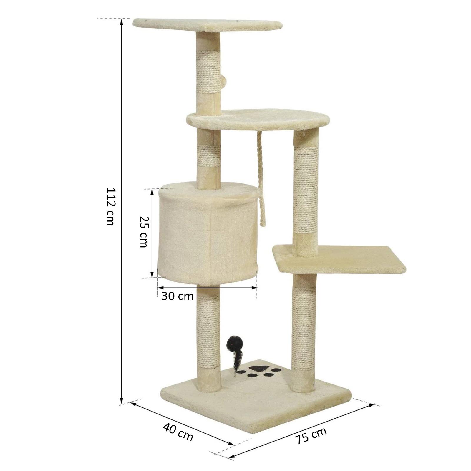Árvore arranhador para gatos com 4 níveis poste de sisal caverna plataformas e brinquedos divertidos 75x40x112 cm bege