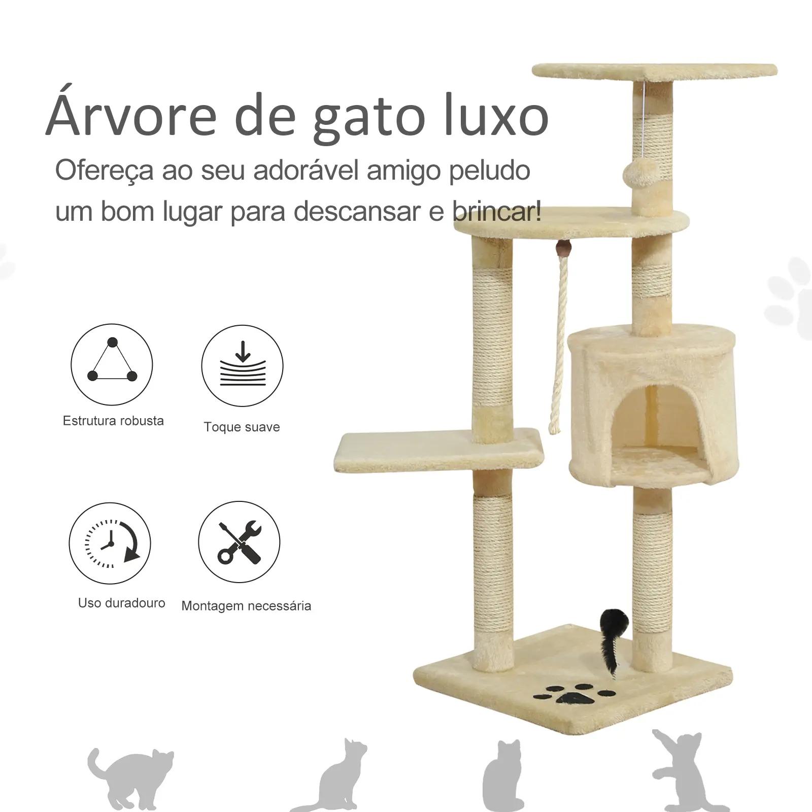 Árvore arranhador para gatos com 4 níveis poste de sisal caverna plataformas e brinquedos divertidos 75x40x112 cm bege