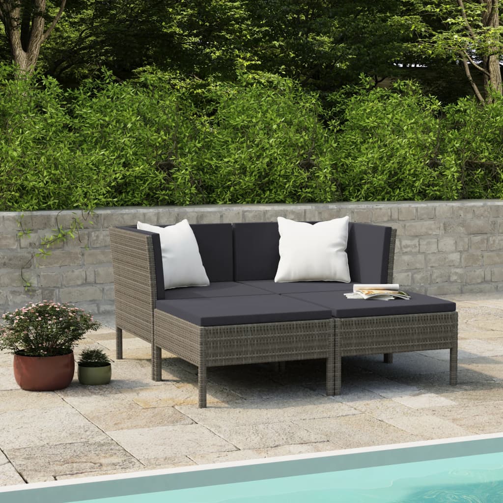 4 Pcs conjunto lounge de jardim c/ almofadões vime PE cinzento