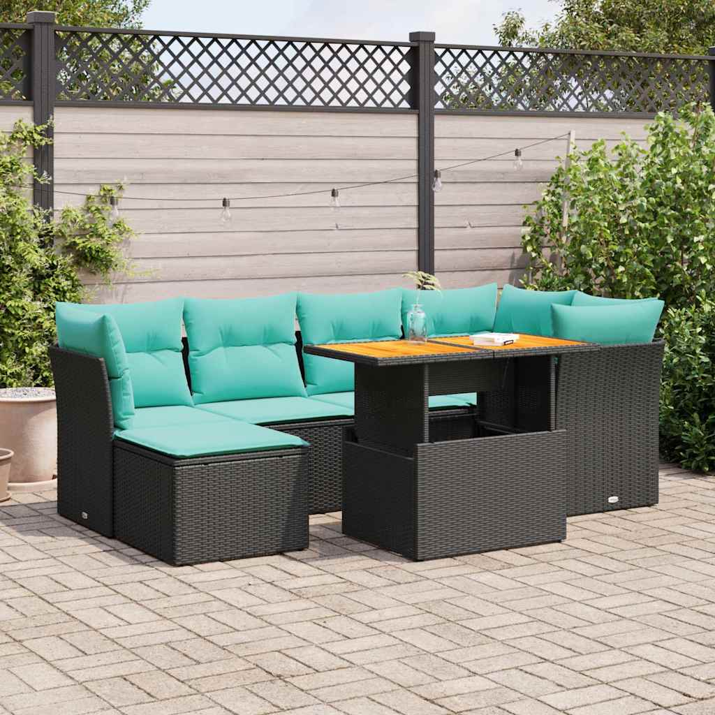 7 Pcs conjunto de sofás p/ jardim c/ almofadões vime PE preto