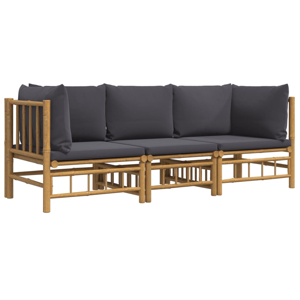 3Pcs conj. lounge de jardim bambu c/ almofadões cinzento-escuro