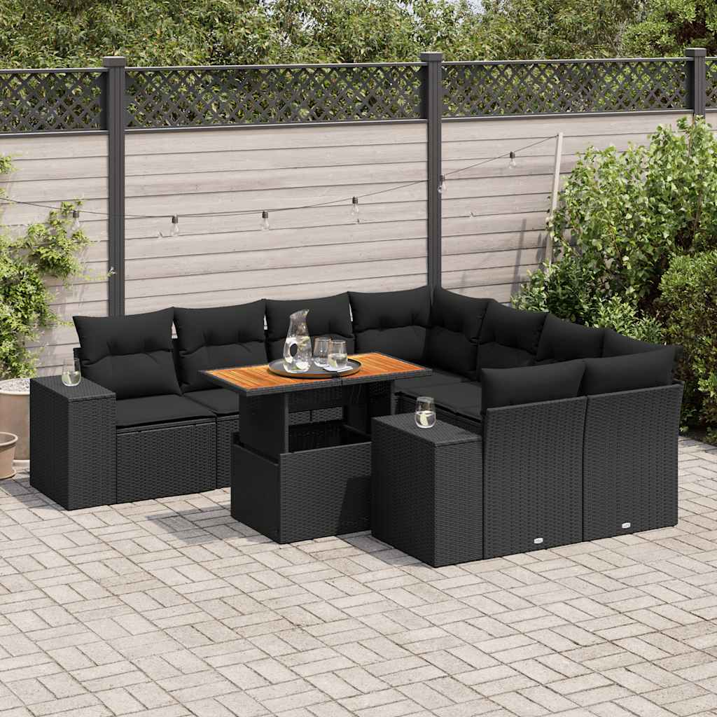 9 Pcs conjunto de sofás p/ jardim c/ almofadões vime PE preto