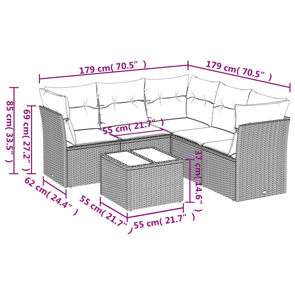 6 Pcs conj. sofás jardim com almofadões vime PE cinzento-claro