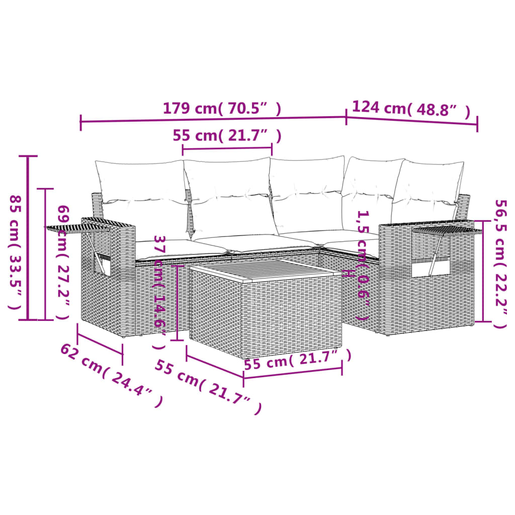 5 Pcs conj. sofás jardim c/ almofadões vime PE bege misturado