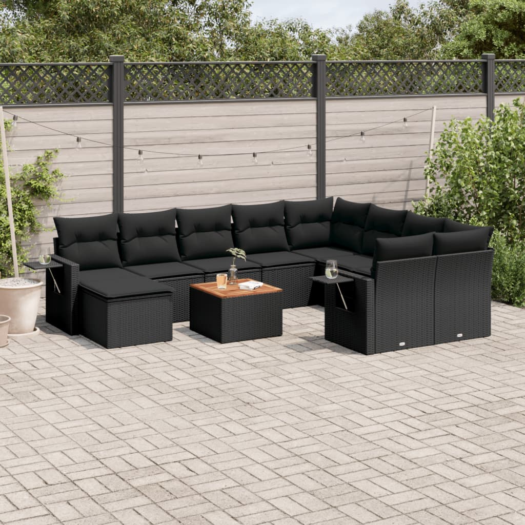 11 Pcs conjunto sofás de jardim c/ almofadões vime PE preto