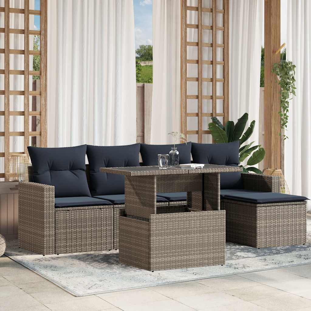 Conjunto de sofá de jardim com 6 peças e almofadas em rattan sintético cinza
