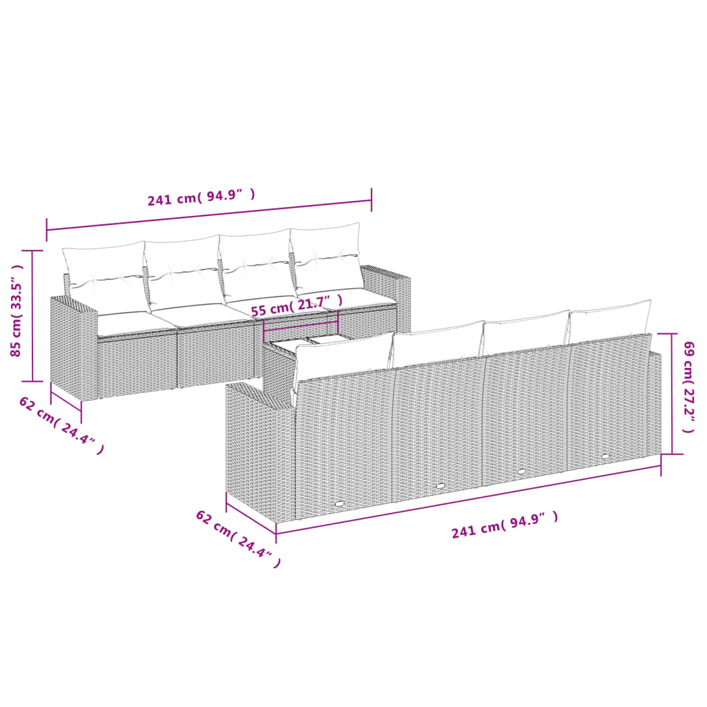 9 Pcs conjunto de sofás p/ jardim com almofadões vime PE bege