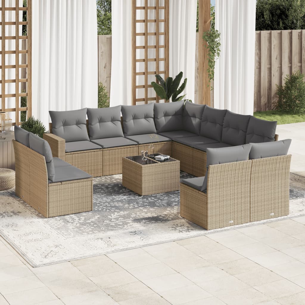 12 Pcs conjunto de sofás p/ jardim com almofadões vime PE bege