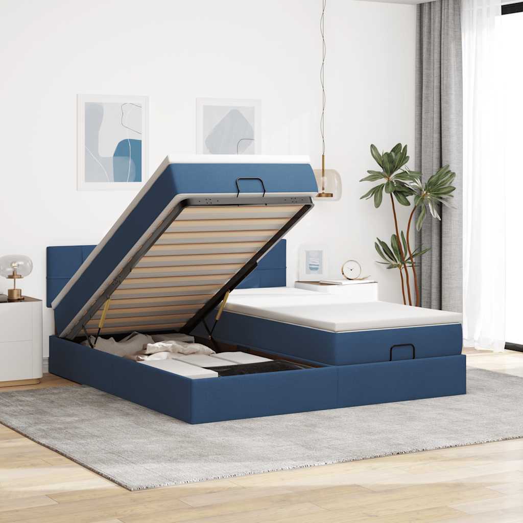 Estrutura de cama otomana com colchões 200x200cm tecido azul