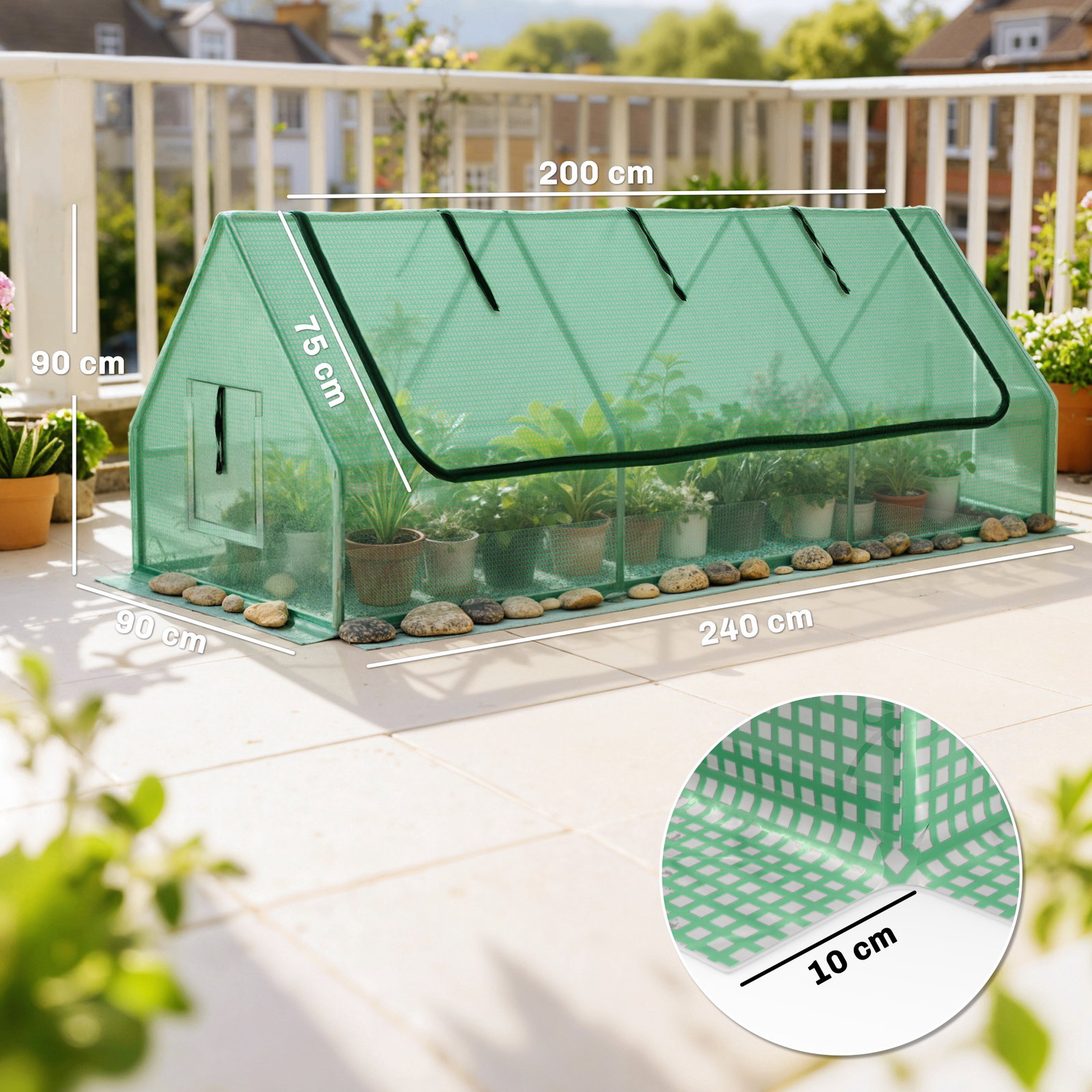 Estufa de jardim mini estufa 240x90x90 cm com janelas de malha e estrutura de aço para cultivar verduras e flores verde