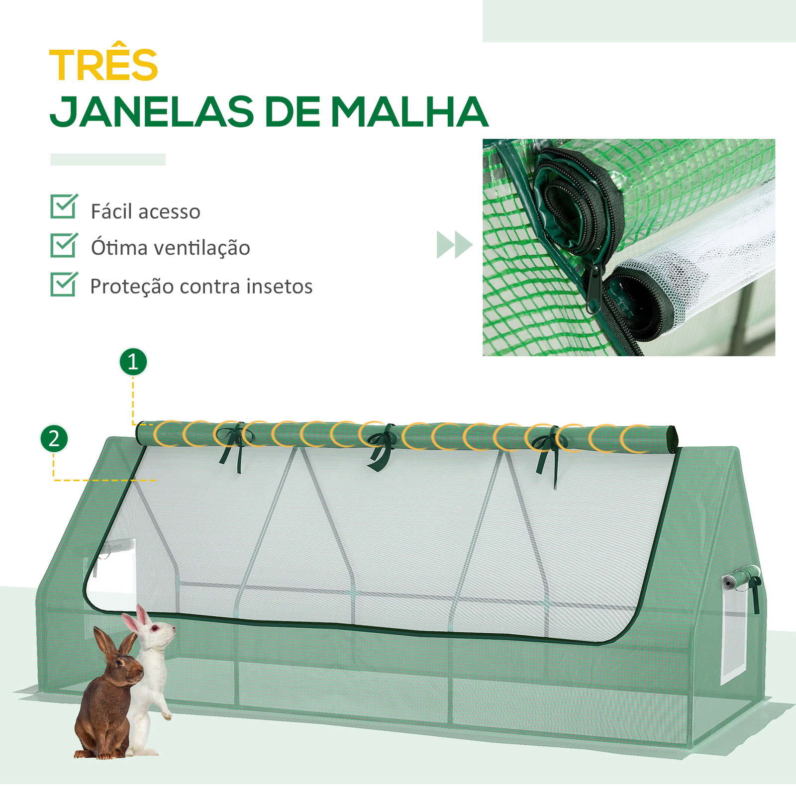 Estufa de jardim mini estufa 240x90x90 cm com janelas de malha e estrutura de aço para cultivar verduras e flores verde