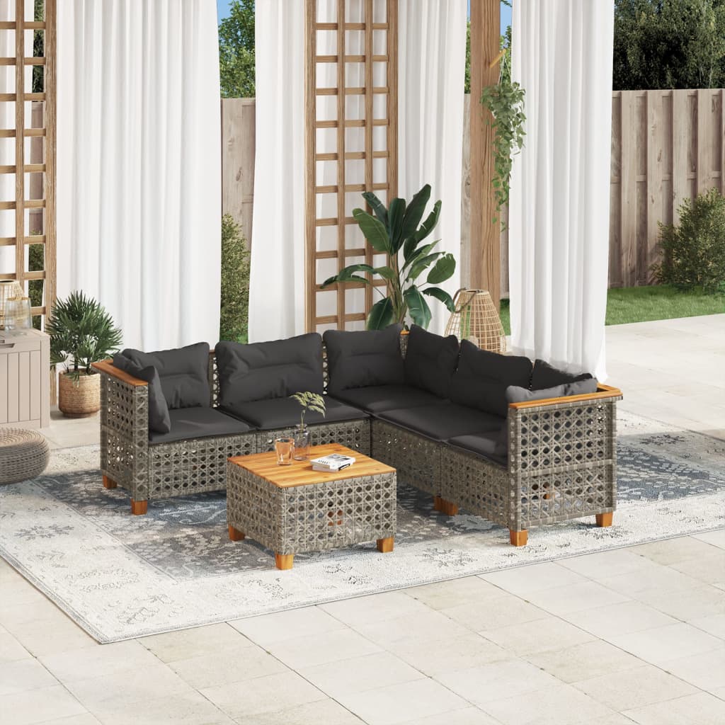 6 Pcs conjunto sofás de jardim com almofadões vime cinzento