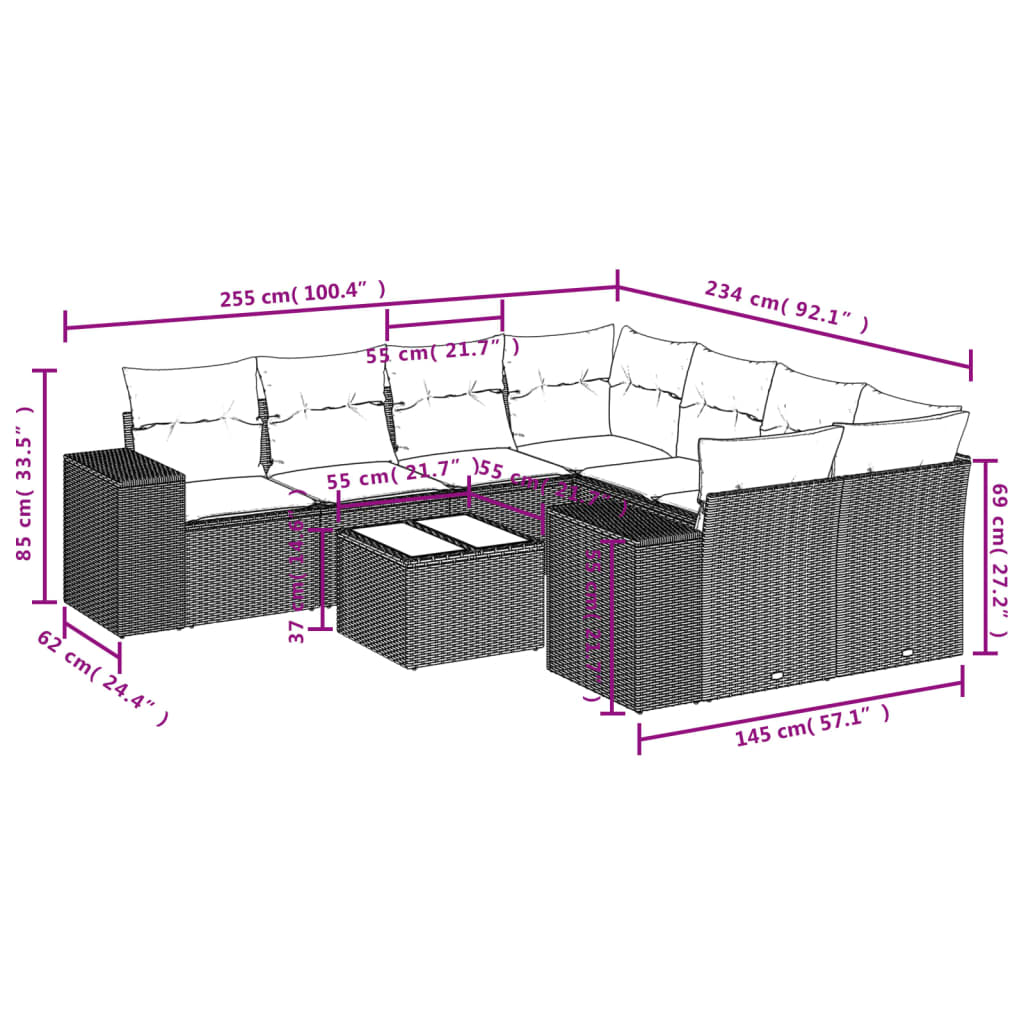 9 Pcs conjunto de sofás p/ jardim com almofadões vime PE bege