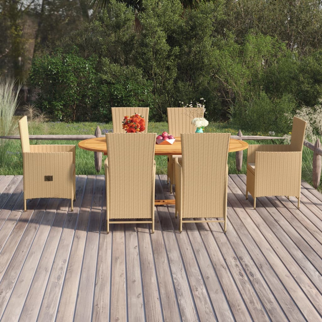 7 Pcs conjunto de jantar para jardim vime PE bege