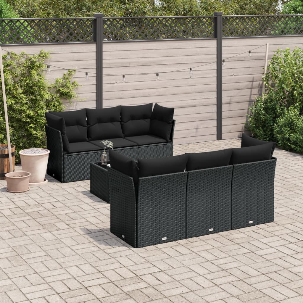 7 Pcs conjunto de sofás p/ jardim c/ almofadões vime PE preto
