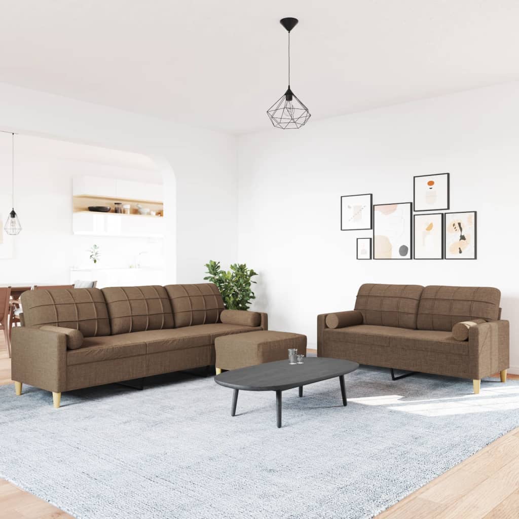 3 Pcs conjunto de sofás c/ almofadas/apoio pés tecido castanho